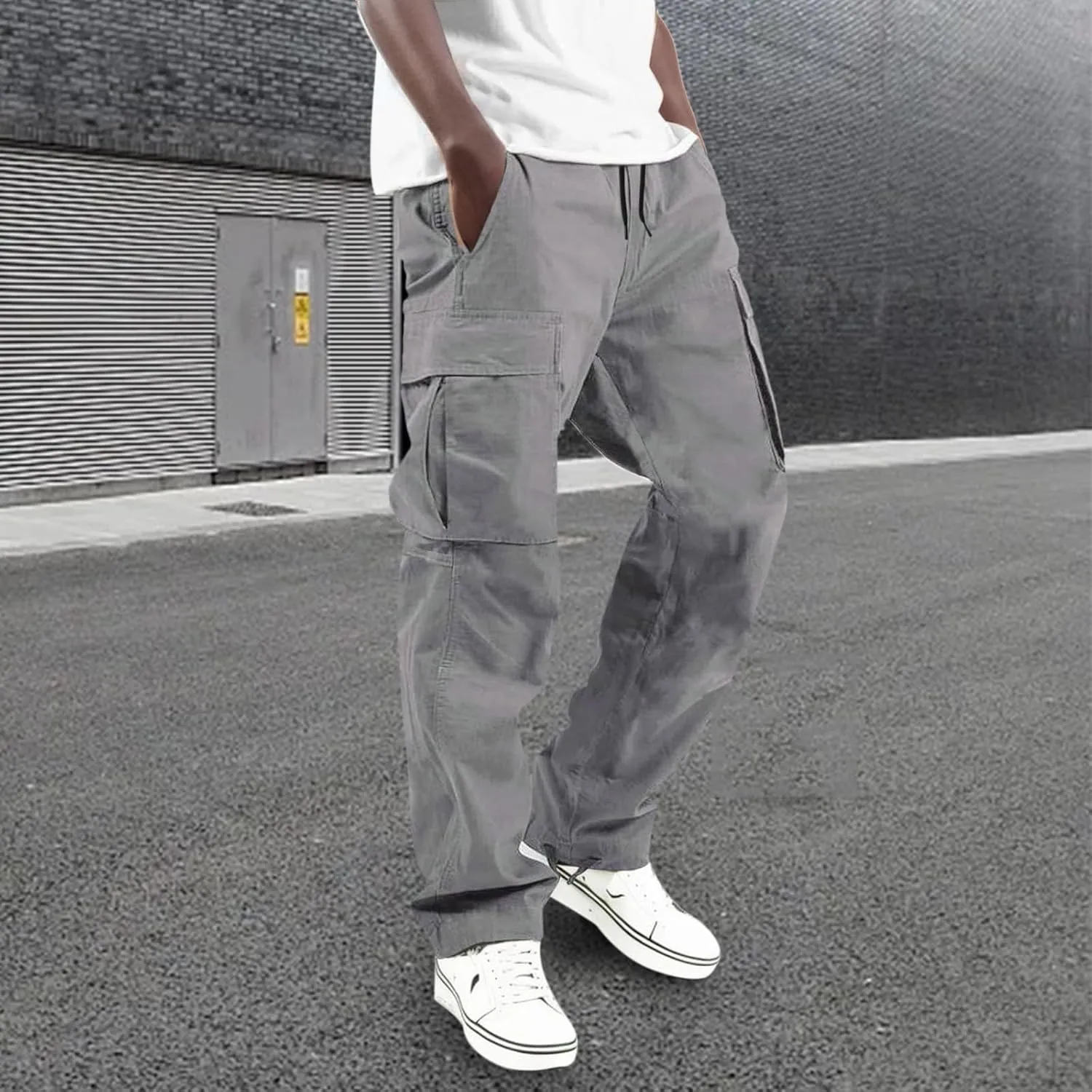 Cargo Work Pant Men Drawstring Waist Casual Pants Fitness Running Workout Sweatpants Baggy Joggers Sweat Pant