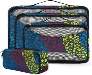 Cartoon Minimalisn Pattern 4 Piece Packing Travel Organizer Cubes Set Mesh Fabric Ventilate Design Lightweight Travel Accessories 4 Sizes (Extra Large, Large, Medium, Small)
