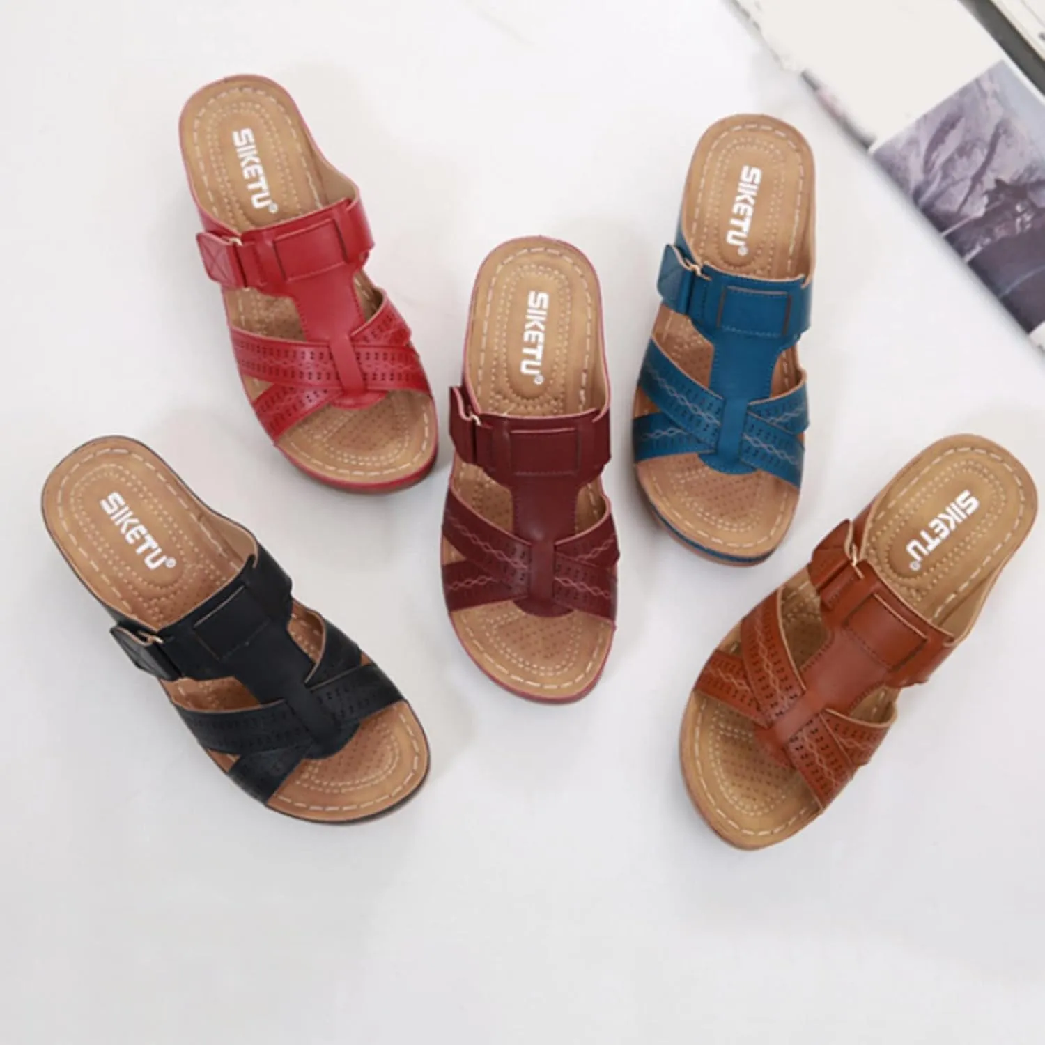 Cathalem Summer Sandals for Women 2024, Womens Orthopedic Wedge Heel Slip On Open Toe Mules Summer Sandals