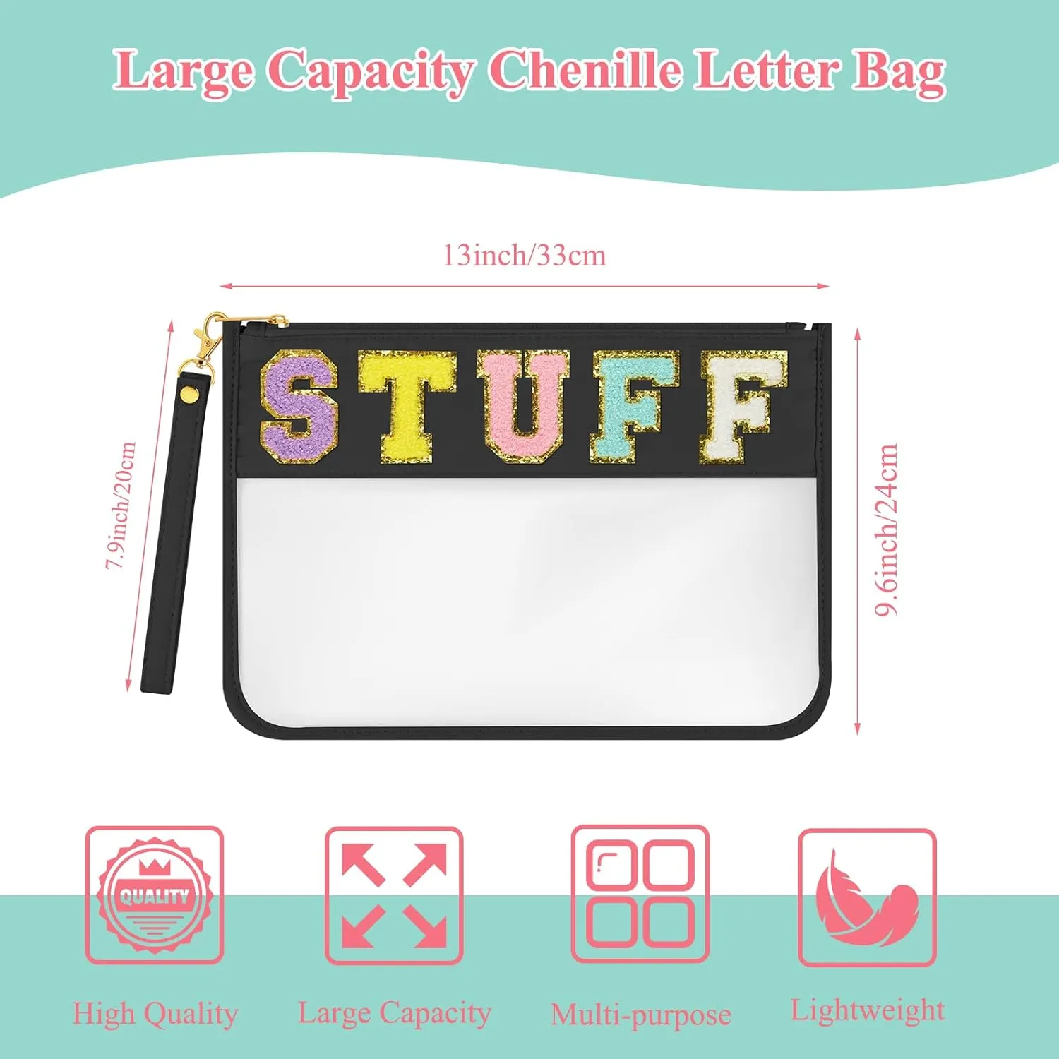 Chenille Letter Bag Clear Stuff Bag Flat Pouch Nylon and PVC Cosmetic Bags Clear Zipper Pouches With Wristlet for Women Girls (Black-Stuff)