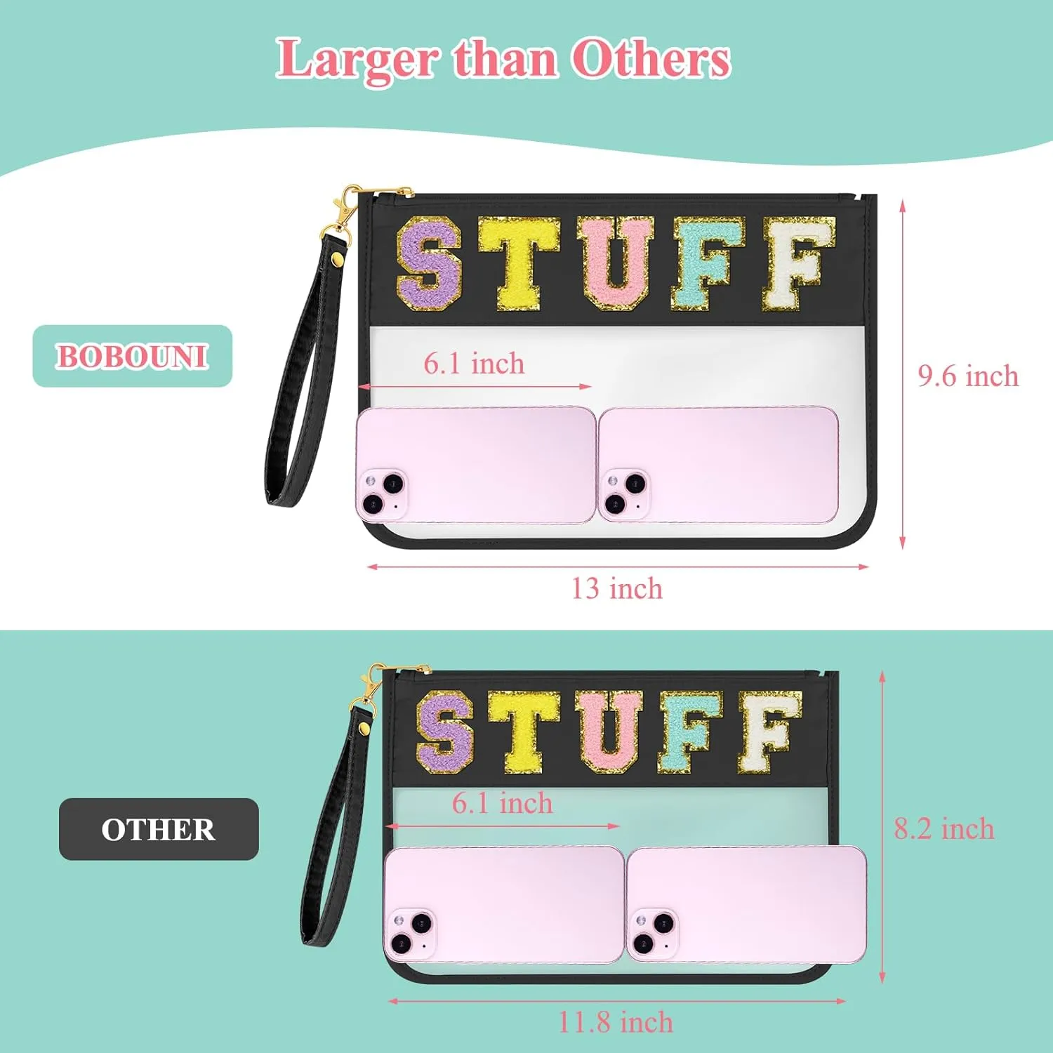 Chenille Letter Bag Clear Stuff Bag Flat Pouch Nylon and PVC Cosmetic Bags Clear Zipper Pouches With Wristlet for Women Girls (Black-Stuff)