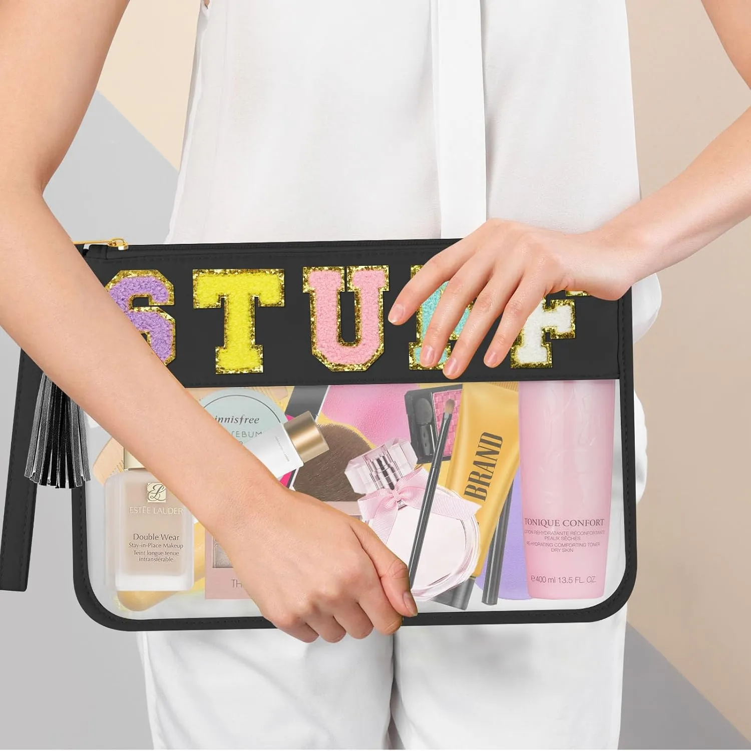 Chenille Letter Bag Clear Stuff Bag Flat Pouch Nylon and PVC Cosmetic Bags Clear Zipper Pouches With Wristlet for Women Girls (Black-Stuff)
