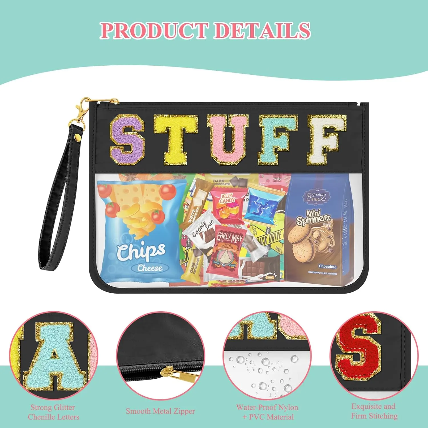 Chenille Letter Bag Clear Stuff Bag Flat Pouch Nylon and PVC Cosmetic Bags Clear Zipper Pouches With Wristlet for Women Girls (Black-Stuff)
