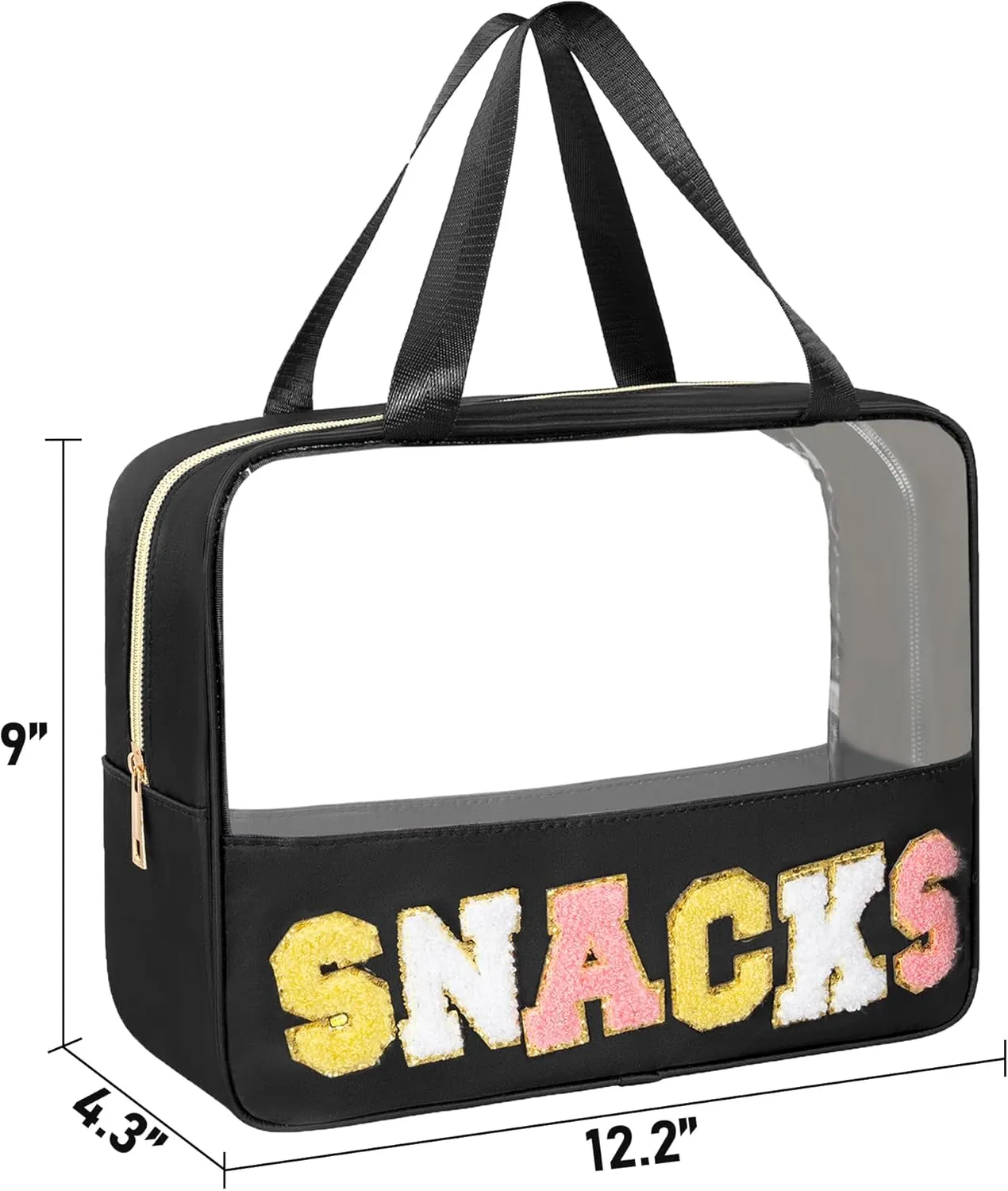 Chenille Letter Snacks Bag Zipper Pouch TPU&Nylon Clear Cosmetic Bag with Handle Toiletry Bags Travel Makeup Bag Multi-purpose Clear Pouches For Women (SNACKS, Black)