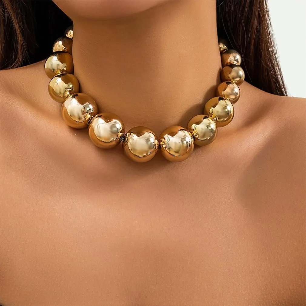 Chunky Gold Balls Statement Necklace for Women Vintage Round Ball Beads Choker Exaggerated Large Beaded Collar Necklaces Fashion Large Bead Jewelry Gifts
