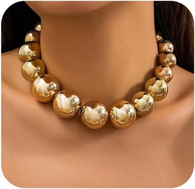 Chunky Gold Balls Statement Necklace for Women Vintage Round Ball Beads Choker Exaggerated Large Beaded Collar Necklaces Fashion Large Bead Jewelry Gifts