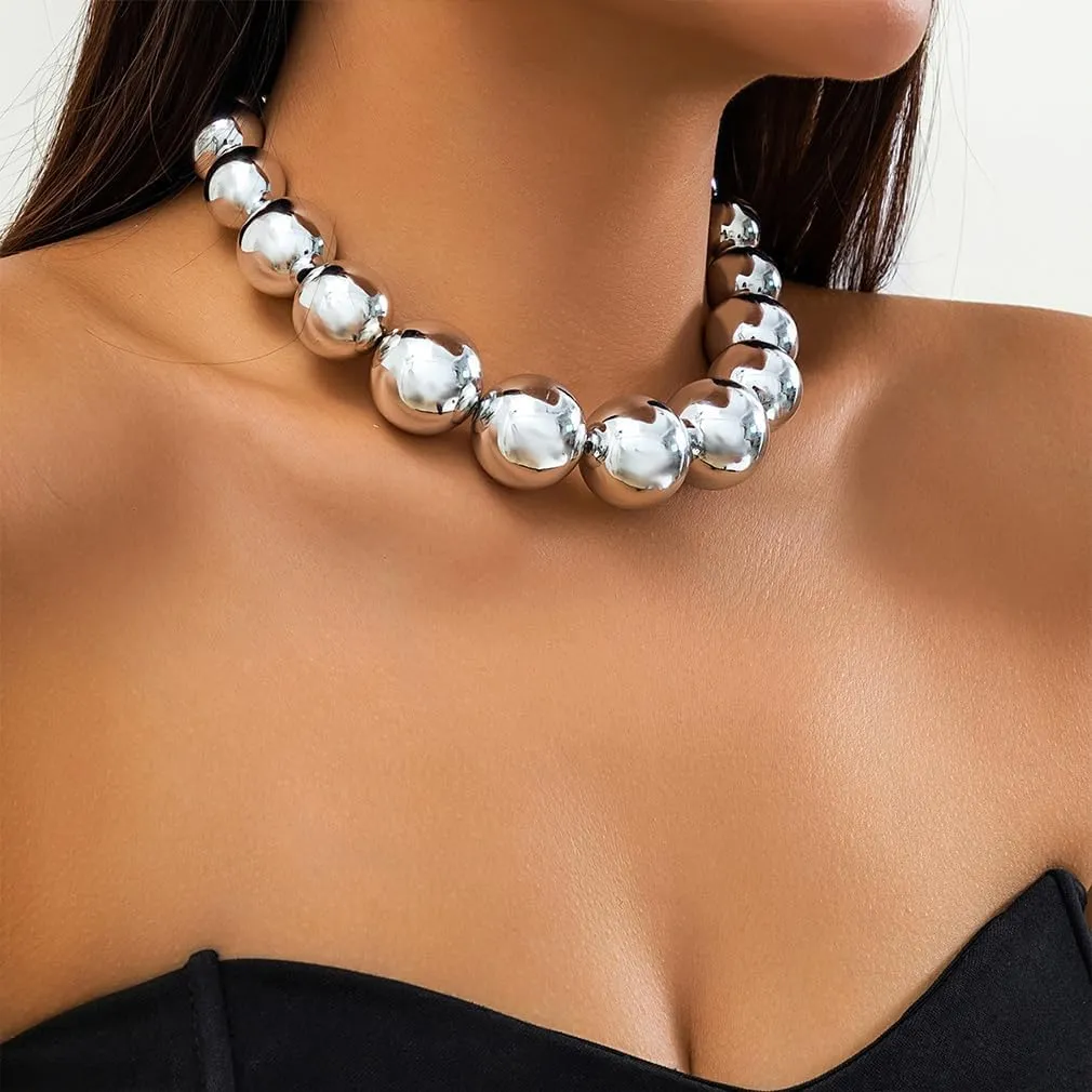 Chunky Gold Balls Statement Necklace for Women Vintage Round Ball Beads Choker Exaggerated Large Beaded Collar Necklaces Fashion Large Bead Jewelry Gifts