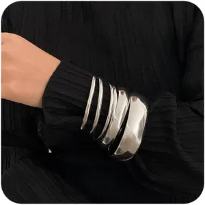 Chunky Gold Bangle Bracelet Set for Women - Trendy Wide Round Minimalist Wrist Jewelry, Stackable Statement Bangle Bracelets