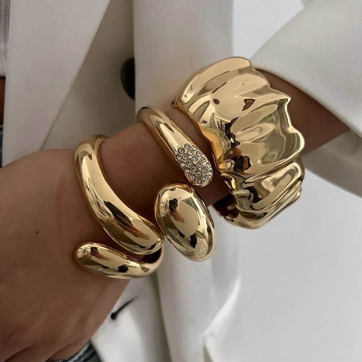 Chunky Gold Bracelets for Women Cuff Open Silver Crystal Stackable Bangle Bracelets Statement Jewelry 3Pcs Set