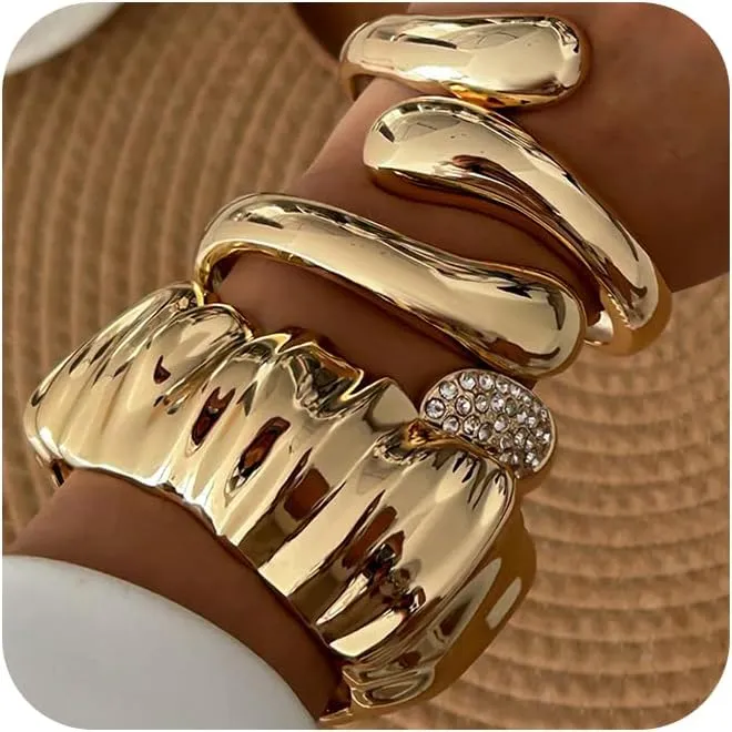 Chunky Gold Bracelets for Women Cuff Open Silver Crystal Stackable Bangle Bracelets Statement Jewelry 3Pcs Set