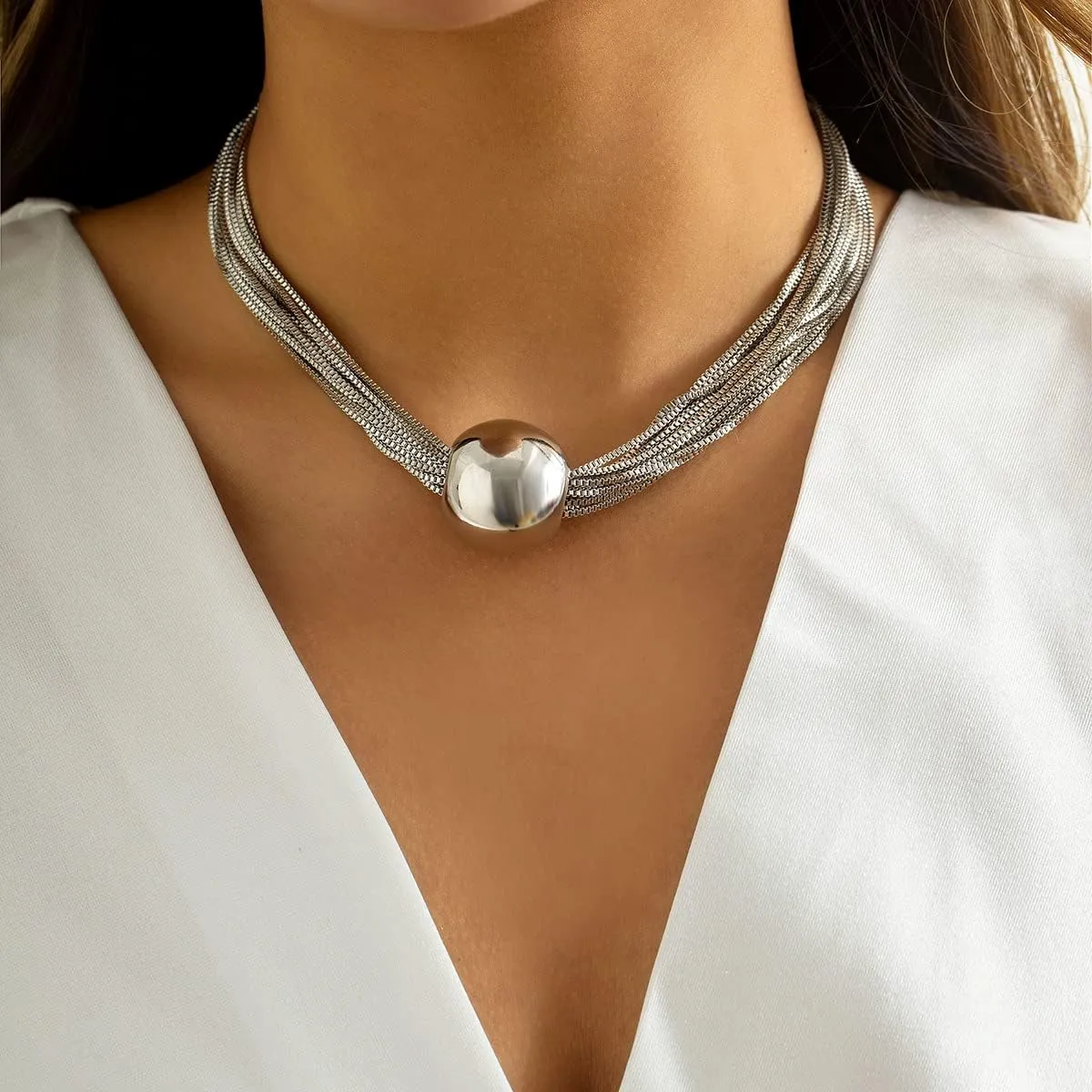 Chunky Gold Choker Necklace Chunky Silver Necklace Statement Necklace Thick Geometric Sphere Necklace for Women