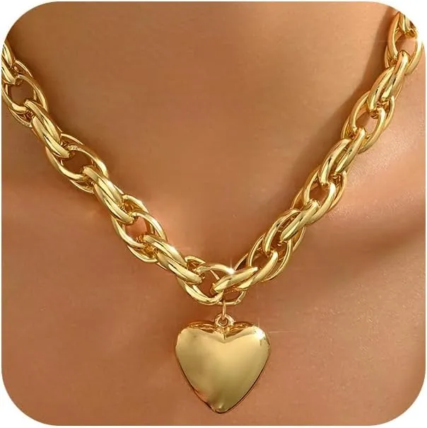 Chunky Gold Large Heart Thick Chain Necklace for Women Dainty, Statement Big Puffy Love Heart Pendant Charm Paperclip Choker Necklaces Y2K Jewelry Gift