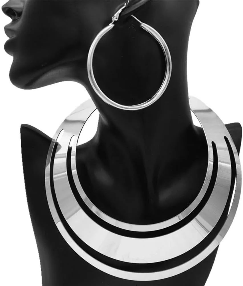 Chunky Gold Necklace Big Statement Chunky Necklace for Women African Tribe Wide Metal Choker Necklace Jewelry