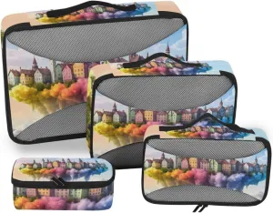 City on Cloud Packing Cube Set of 4, Wide Zipper Opening Handle Luggage Organizers Travel Accessories for Organizing Clothing in Suitcases
