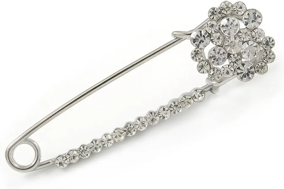 Clear Crystal 3 Petal Flower Safety Pin Brooch In Silver Tone - 65mm L