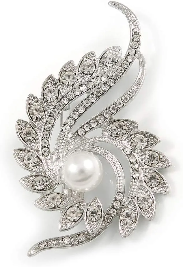 Clear Crystal Faux White Pearl Fancy Floral Brooch in Silver Tone - 67mm Tall