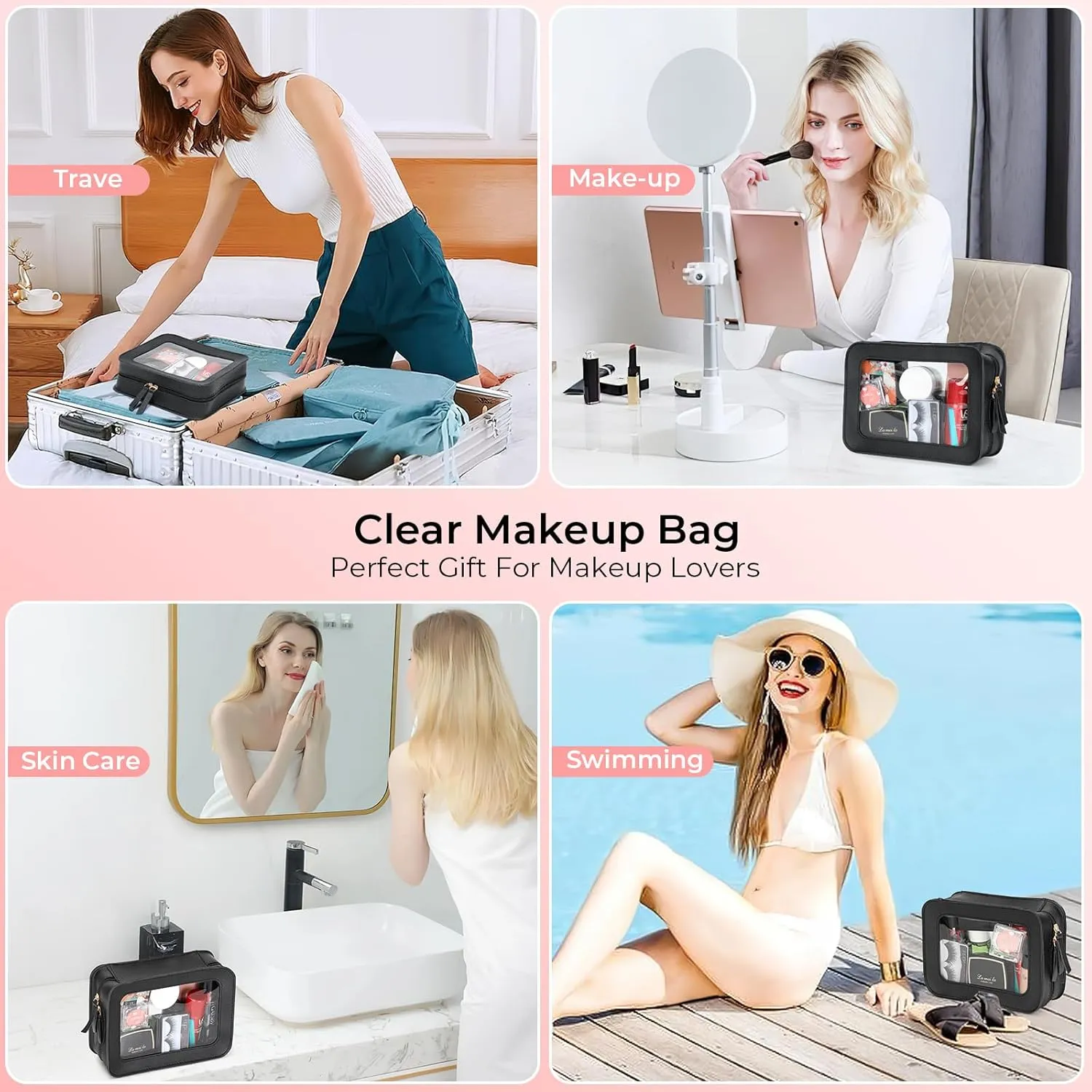 Clear Makeup Bags, TSA Approved Travel Toiletry Pouch with Zipper, Organizer Cosmetic Case for Travel Purse Car Transparent,Square Pouches for Women Men