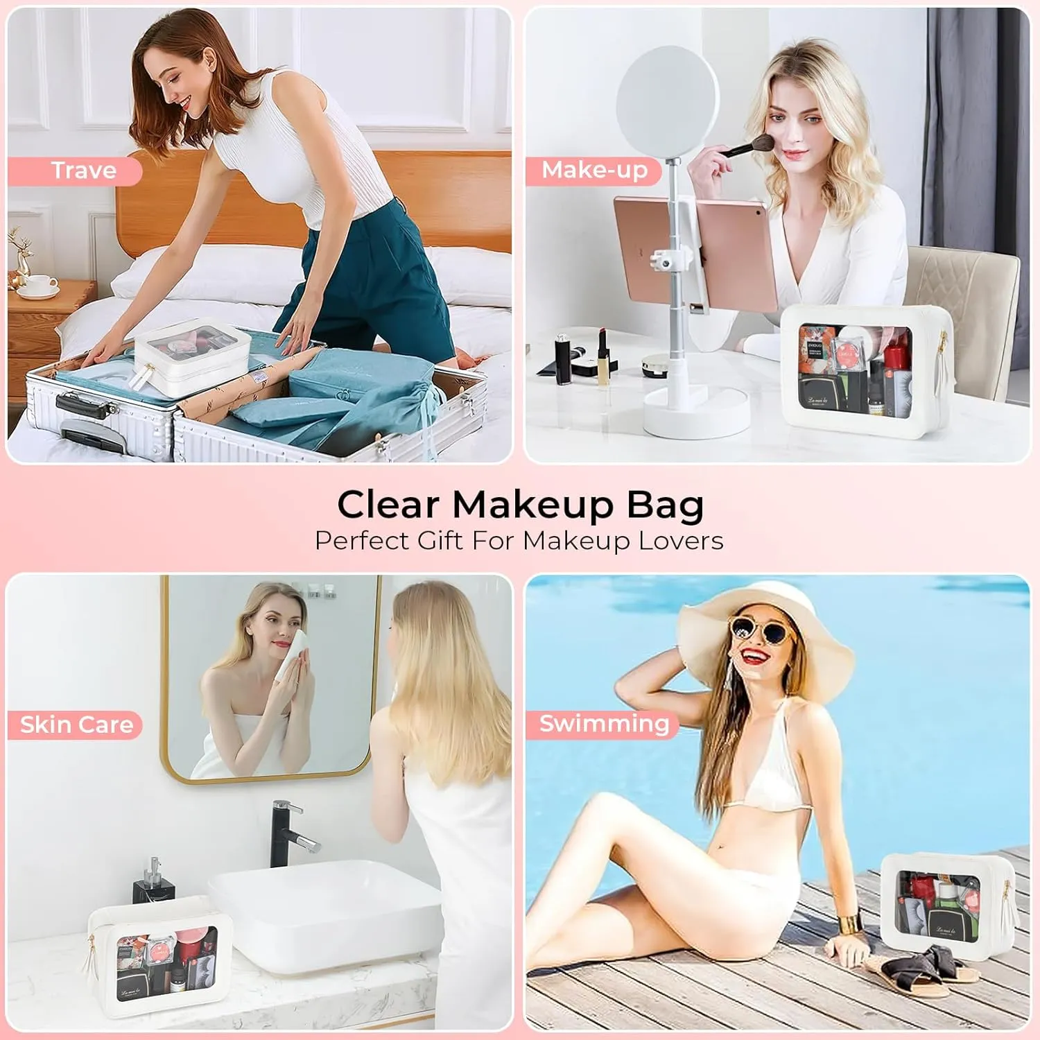 Clear Makeup Bags, TSA Approved Travel Toiletry Pouch with Zipper, Organizer Cosmetic Case for Travel Purse Car Transparent,Square Pouches for Women Men