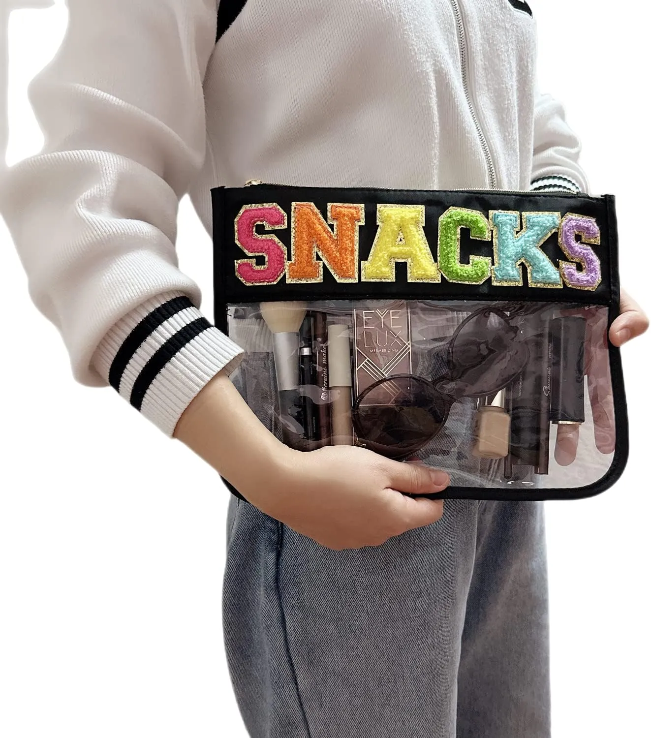 Clear Makeup Letter Bag,Letter Patch Makeup Bag,Chenille Letter bag,Stadium Letter Bags,Preppy Clear Makeup bags,Cosmetic Toiletry Clear Pouches bag for Women Girls(Black-Snacks)