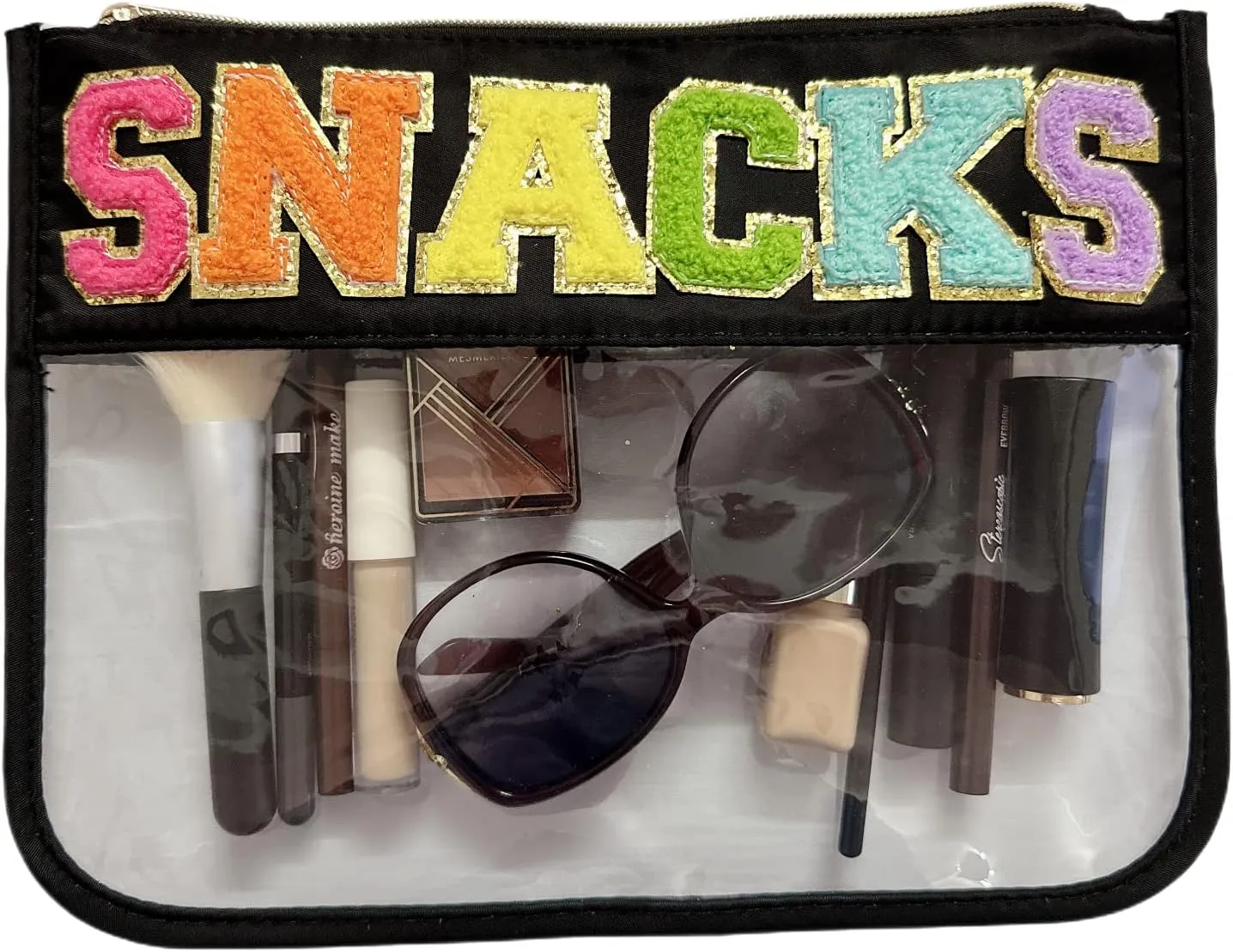 Clear Makeup Letter Bag,Letter Patch Makeup Bag,Chenille Letter bag,Stadium Letter Bags,Preppy Clear Makeup bags,Cosmetic Toiletry Clear Pouches bag for Women Girls(Black-Snacks)
