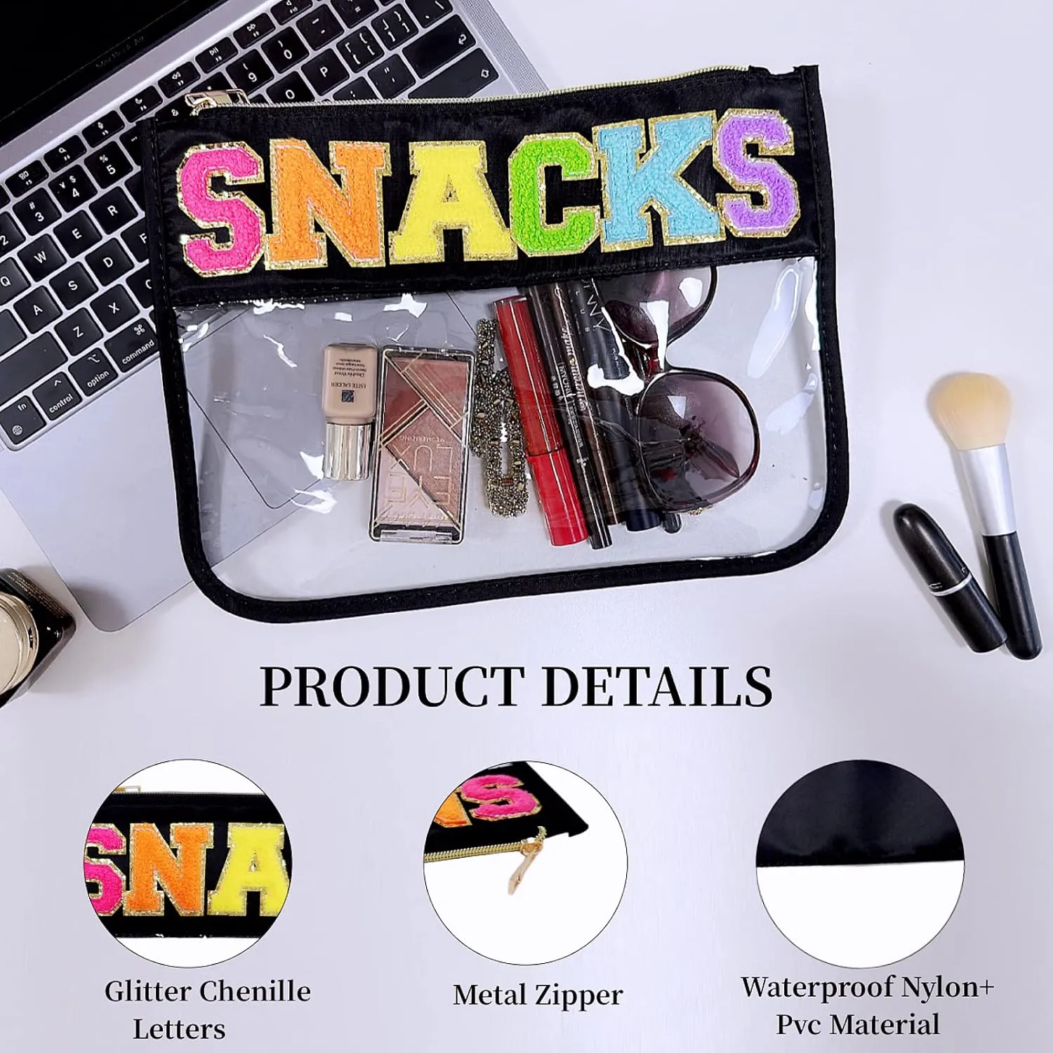 Clear Makeup Letter Bag,Letter Patch Makeup Bag,Chenille Letter bag,Stadium Letter Bags,Preppy Clear Makeup bags,Cosmetic Toiletry Clear Pouches bag for Women Girls(Black-Snacks)