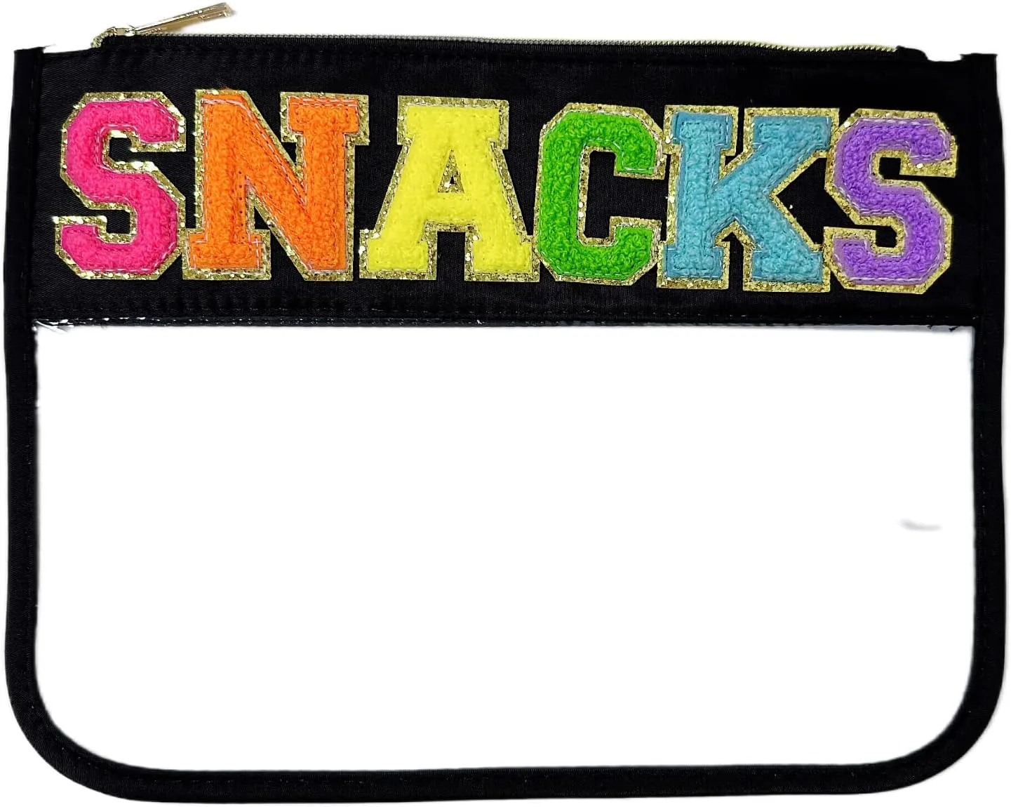 Clear Makeup Letter Bag,Letter Patch Makeup Bag,Chenille Letter bag,Stadium Letter Bags,Preppy Clear Makeup bags,Cosmetic Toiletry Clear Pouches bag for Women Girls(Black-Snacks)