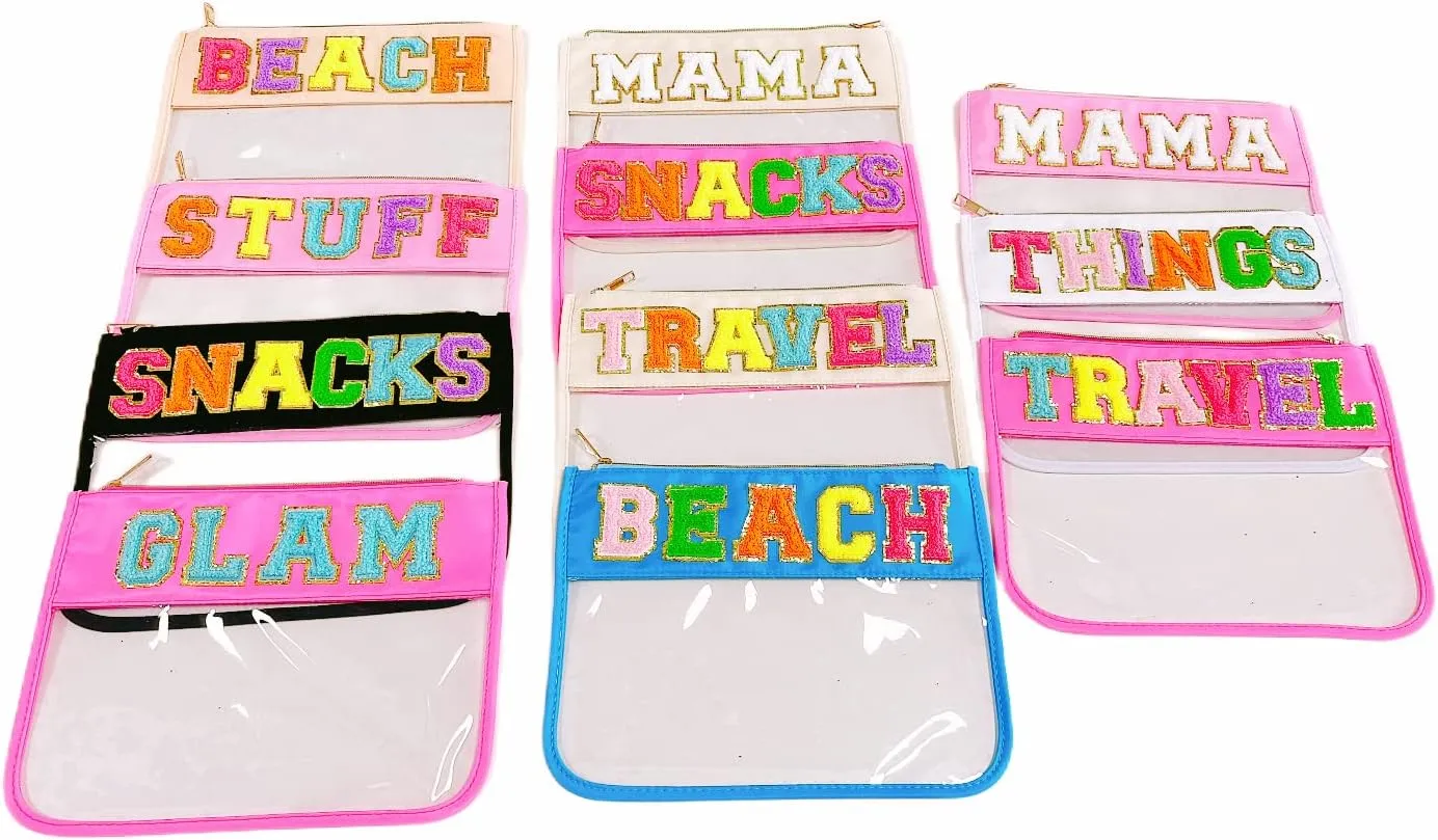 Clear Makeup Letter Bag,Letter Patch Makeup Bag,Chenille Letter bag,Stadium Letter Bags,Preppy Clear Makeup bags,Cosmetic Toiletry Clear Pouches bag for Women Girls(Black-Snacks)