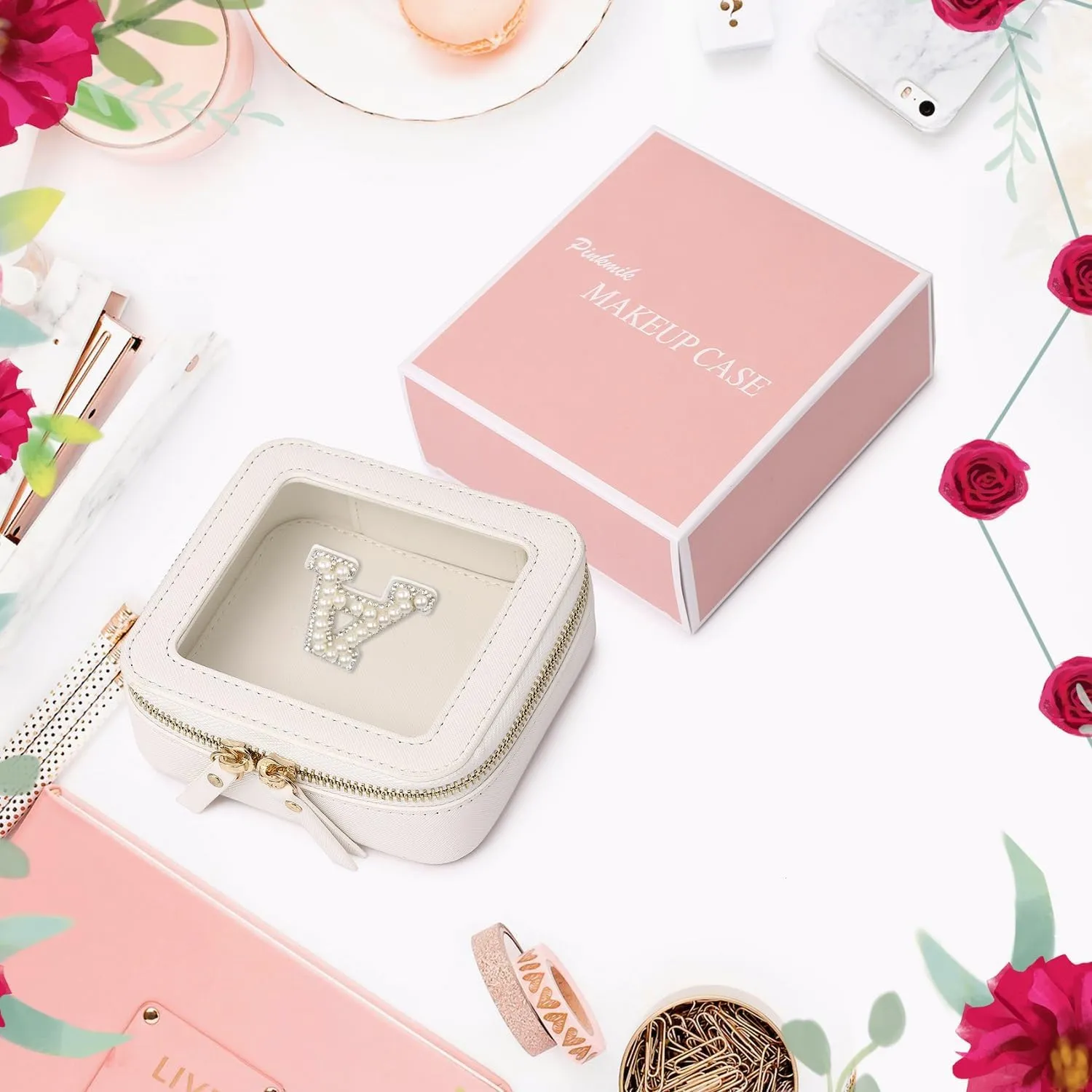 Clear Mini Makeup Bag Personalized Initial Cosmetic Bag Small Makeup Case & Toiletry Bag Birthday Gift for Women (E, Mini/White)
