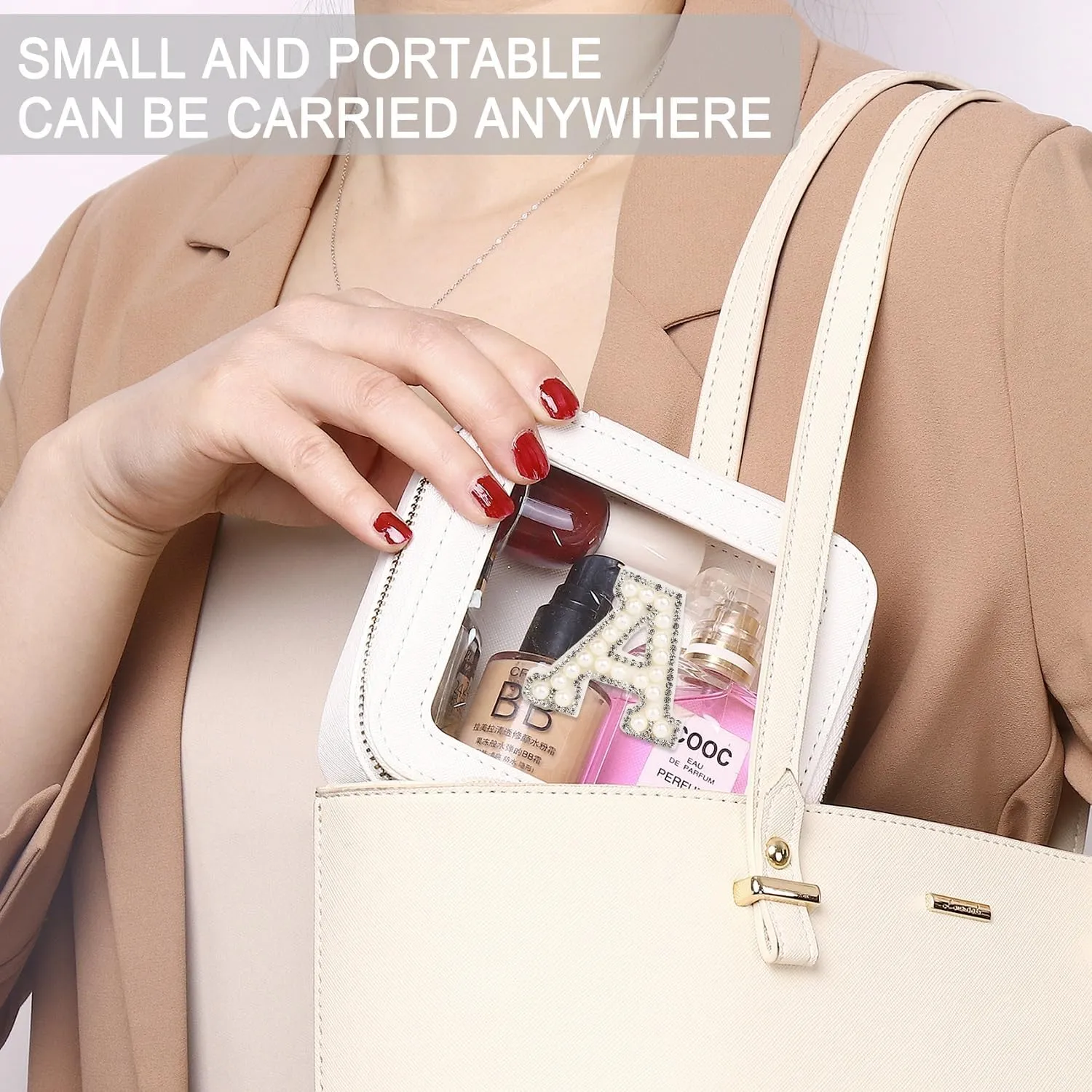 Clear Mini Makeup Bag Personalized Initial Cosmetic Bag Small Makeup Case & Toiletry Bag Birthday Gift for Women (E, Mini/White)