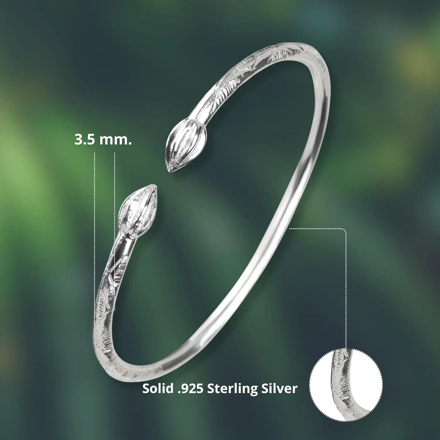 Cocoa Pods Caribbean Jamaican Tulip Bulb .925 Sterling Silver West Indian Bangle 46.0 Grams, Made in the USA, 1 pair