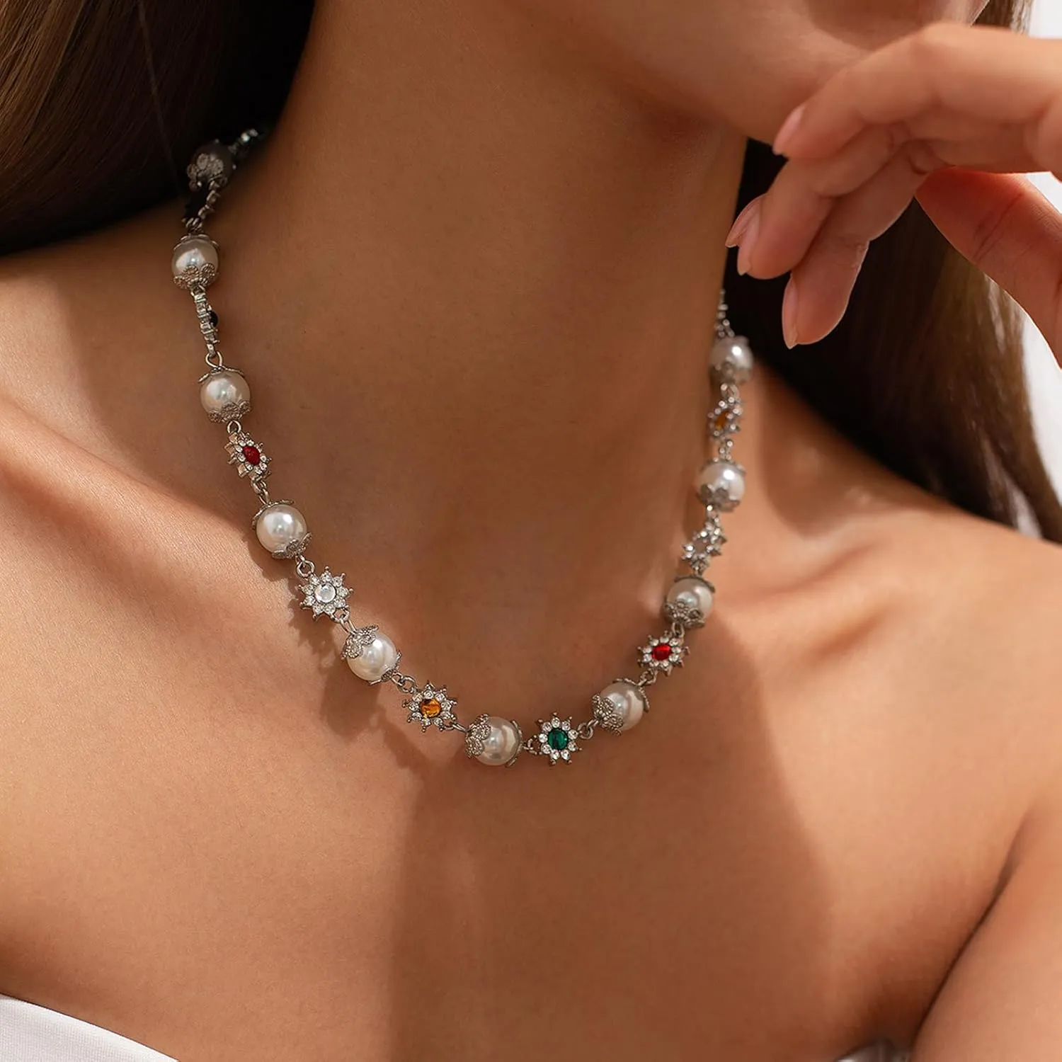 Colorful Daisy Pearl Choker Necklace - Rainbow Rhinestone Flower Faux Pearl Choker Layered Heart Choker Cross Pendant Statement Necklaces Elegant Old Money Jewelry for Women