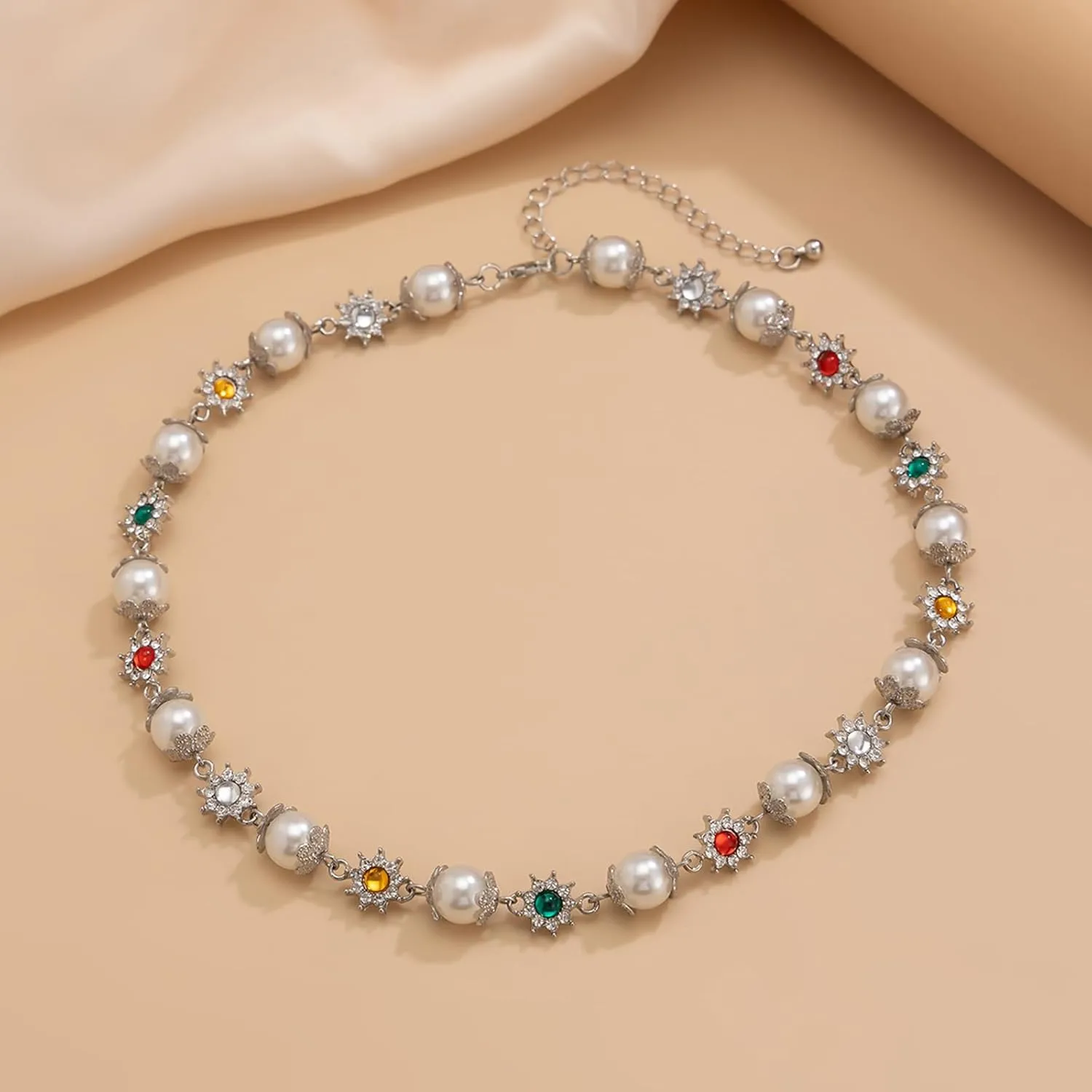 Colorful Daisy Pearl Choker Necklace - Rainbow Rhinestone Flower Faux Pearl Choker Layered Heart Choker Cross Pendant Statement Necklaces Elegant Old Money Jewelry for Women
