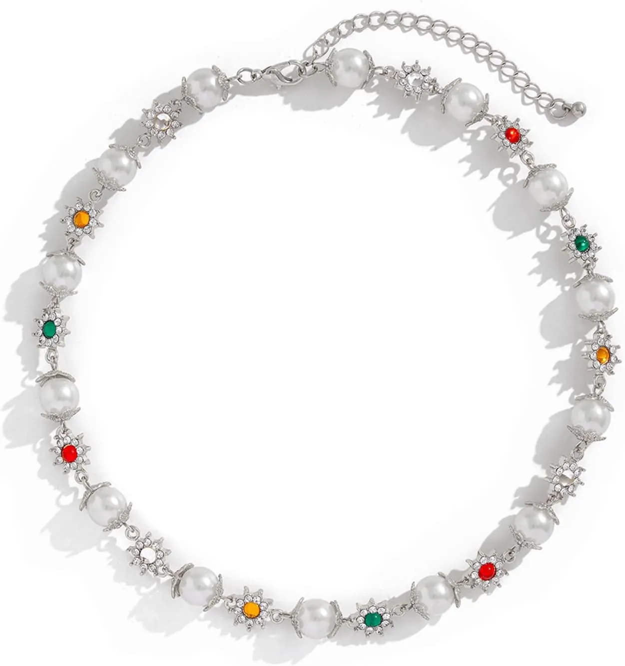 Colorful Daisy Pearl Choker Necklace - Rainbow Rhinestone Flower Faux Pearl Choker Layered Heart Choker Cross Pendant Statement Necklaces Elegant Old Money Jewelry for Women