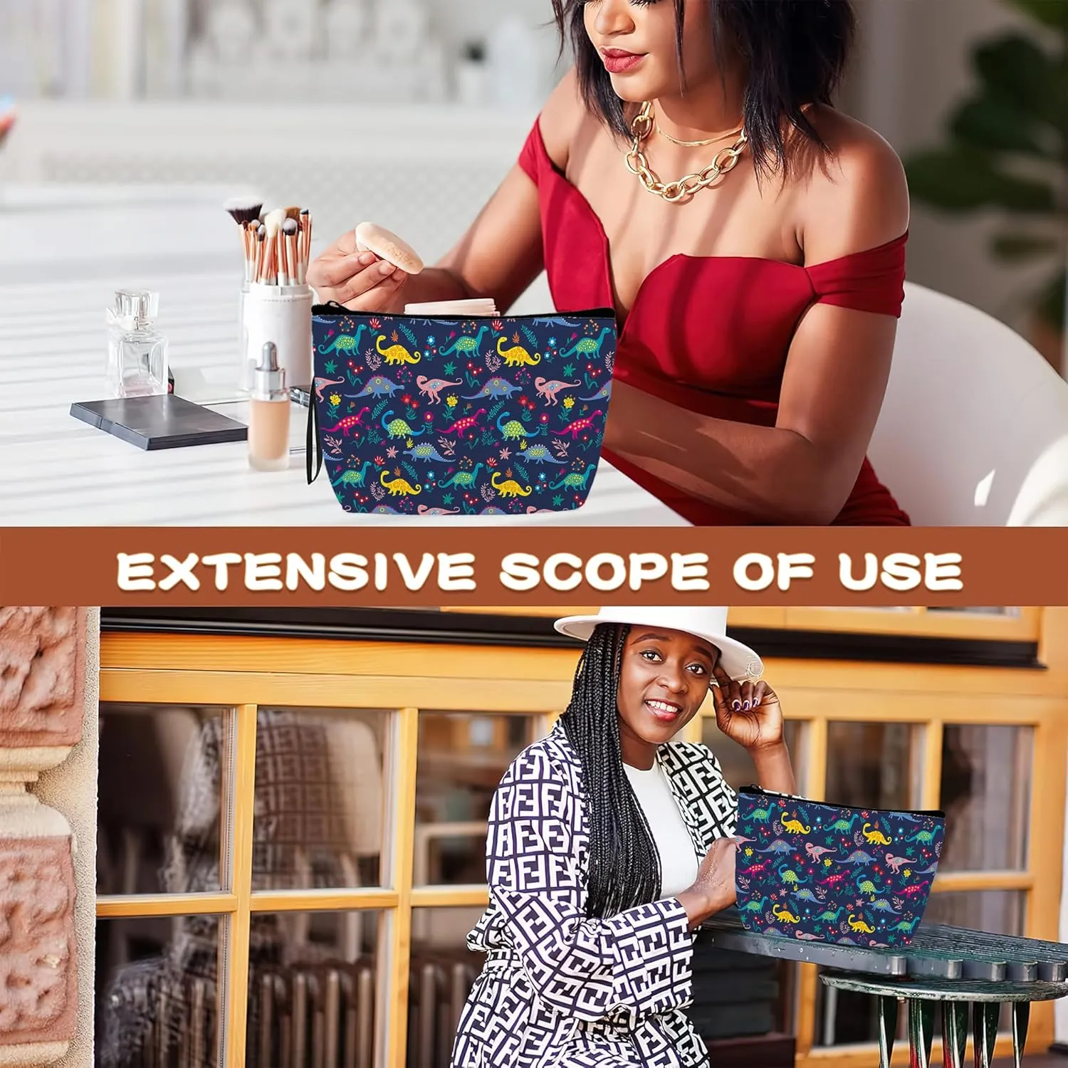 Colorful Dinosaurs Cosmetic Bags Dino Makeup Bags Toiletry Bag Large Capacity Organizer Pouch with Zipper Travel Accessories for Women Girls