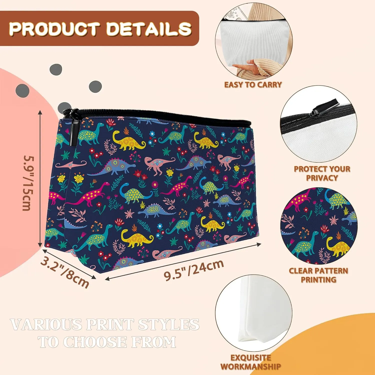 Colorful Dinosaurs Cosmetic Bags Dino Makeup Bags Toiletry Bag Large Capacity Organizer Pouch with Zipper Travel Accessories for Women Girls