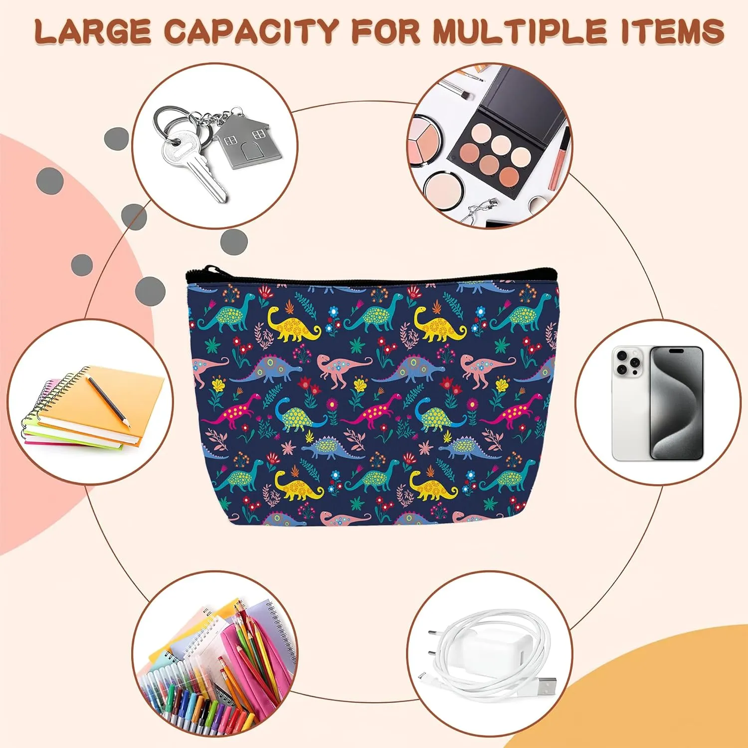 Colorful Dinosaurs Cosmetic Bags Dino Makeup Bags Toiletry Bag Large Capacity Organizer Pouch with Zipper Travel Accessories for Women Girls