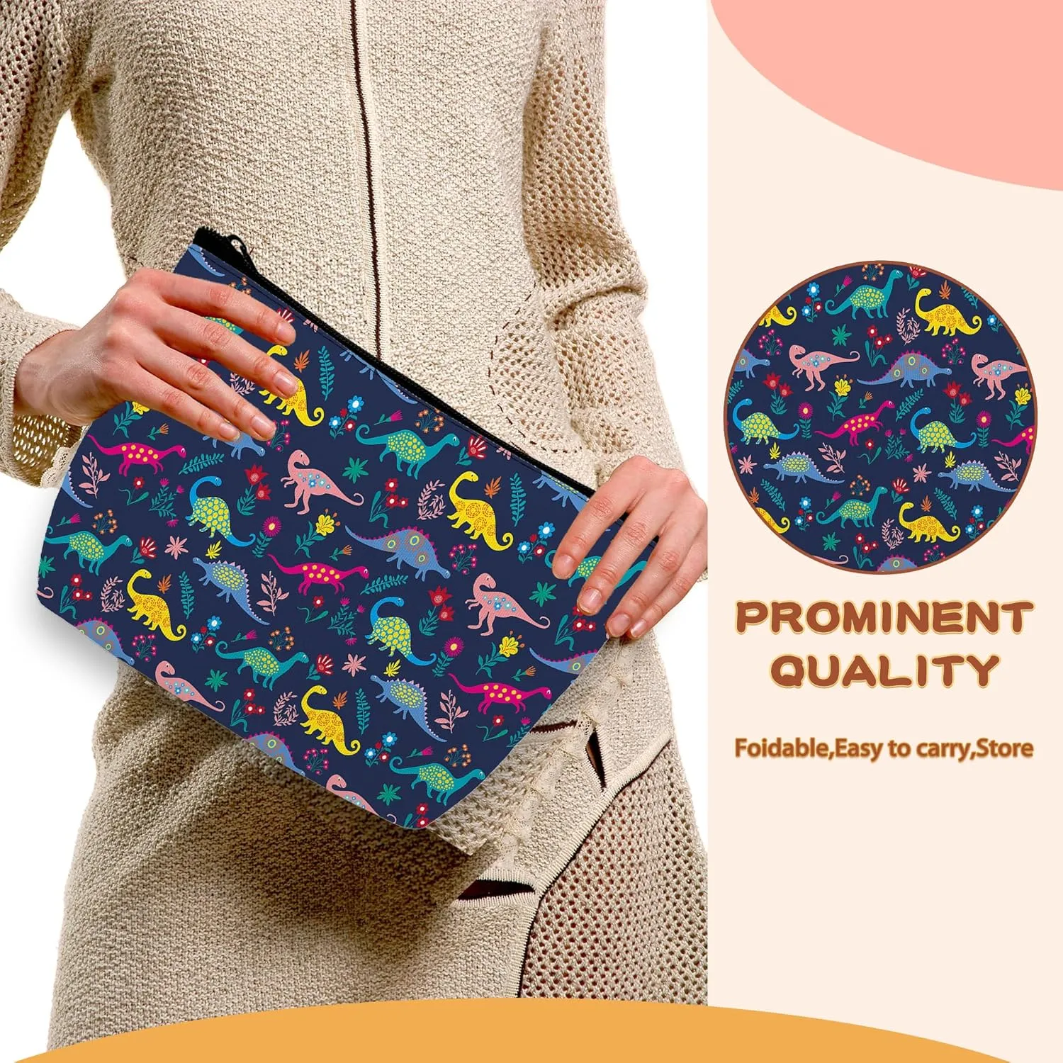 Colorful Dinosaurs Cosmetic Bags Dino Makeup Bags Toiletry Bag Large Capacity Organizer Pouch with Zipper Travel Accessories for Women Girls