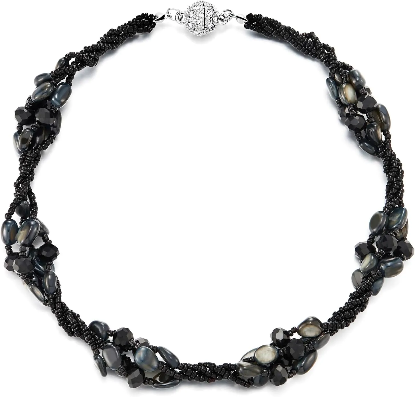 COOLSTEELANDBEYOND Black Crystal Beaded Choker Necklace, Twisted Multi-Strand Design, Statement Necklace Choker Collar