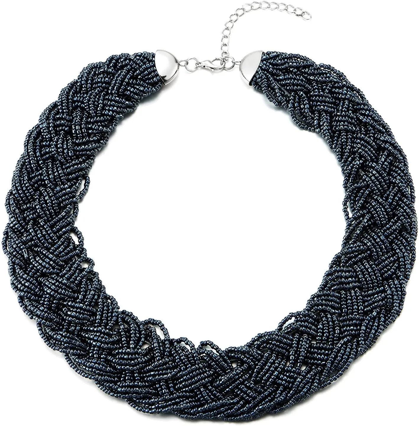 COOLSTEELANDBEYOND Braided Beaded Statement Necklace, Large Choker Collar Necklace, Dark Blue Beads Woven Bib Choker