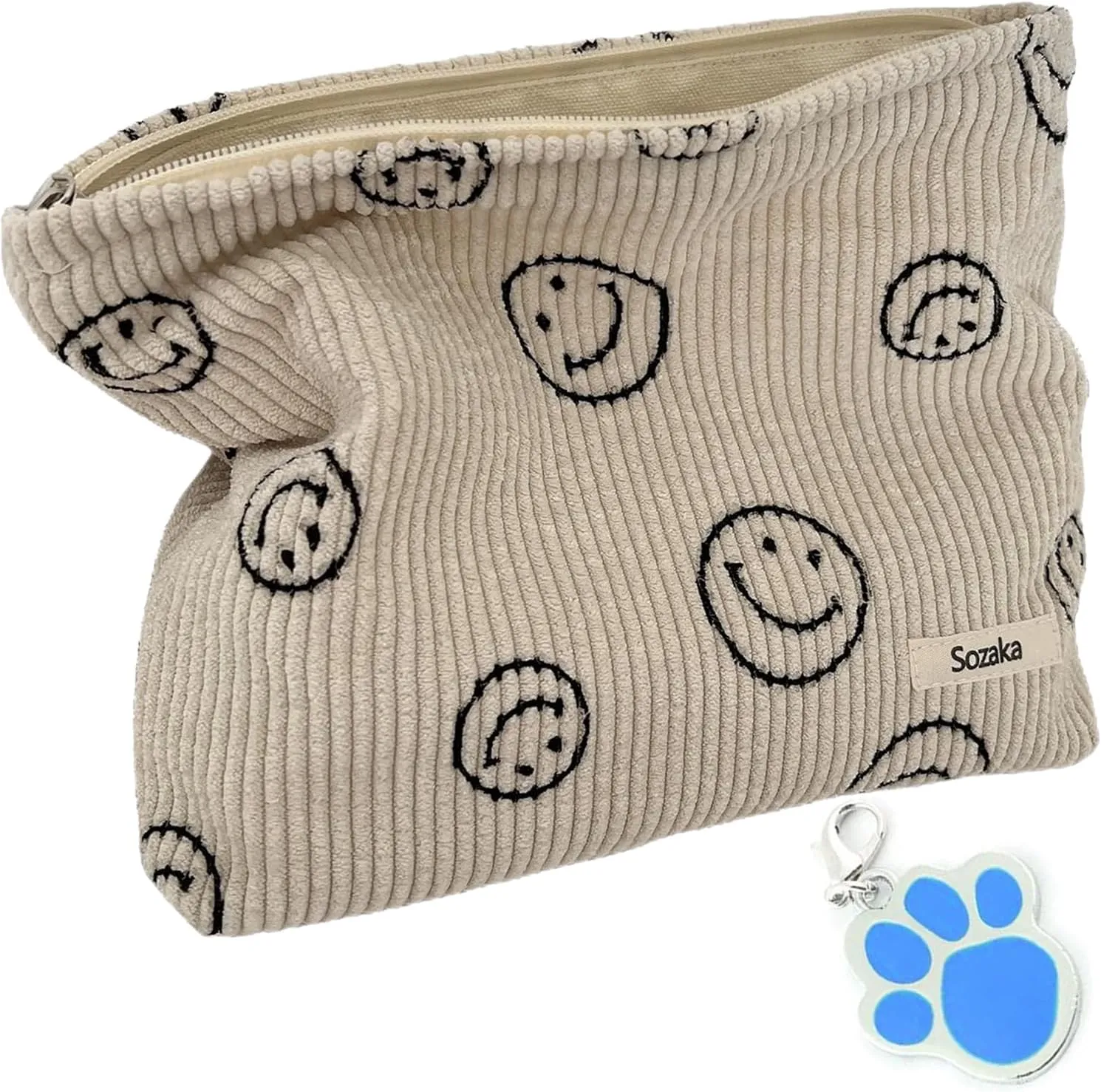 Corduroy Organizer Cosmetic Bag, Money Bags for Womens Girls Aesthetic Make up Bag Cute Smile Toiletry Bag Handbags Pouches for Purses Storage Portable Makeup Travel Bag Case