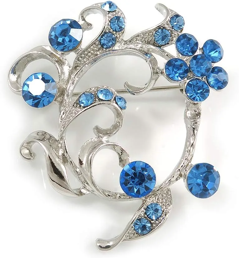 Cornflowerblue Crystal Floral Wreath Brooch In silver Tone Metal - 40mm Across