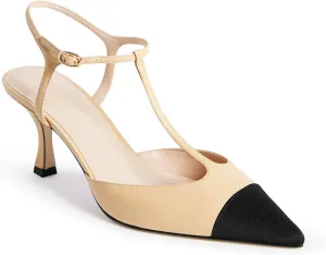 Coutgo Womens Kitten Heels Slingback Pumps Closed Pointed Toe Two Tone Ankle T Strap Office Dress Shoes