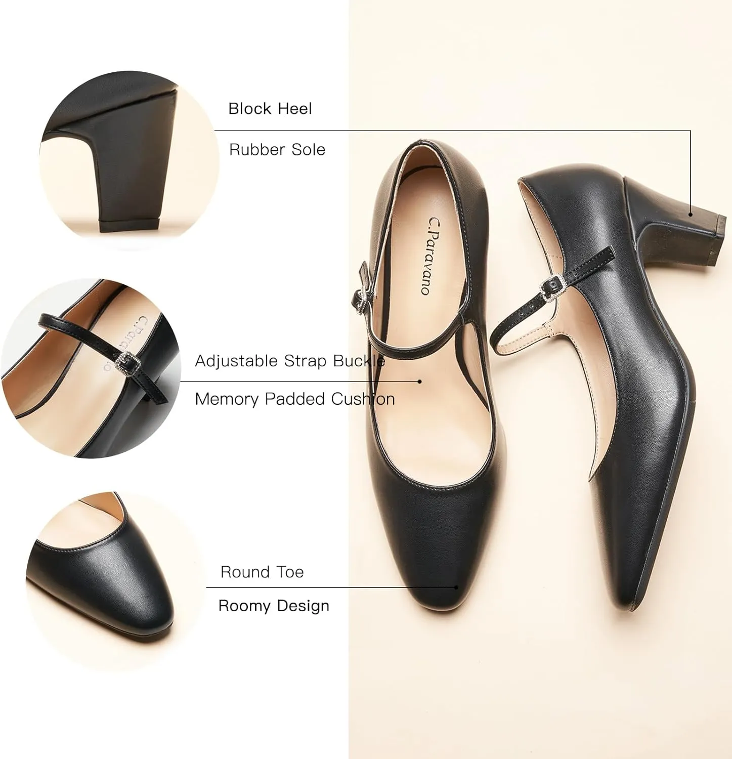 C.Paravano Women's Pumps Mary Jane Pumps Closed Round Toe Low Heels Adjustable Strap Fashion Dress Shoes