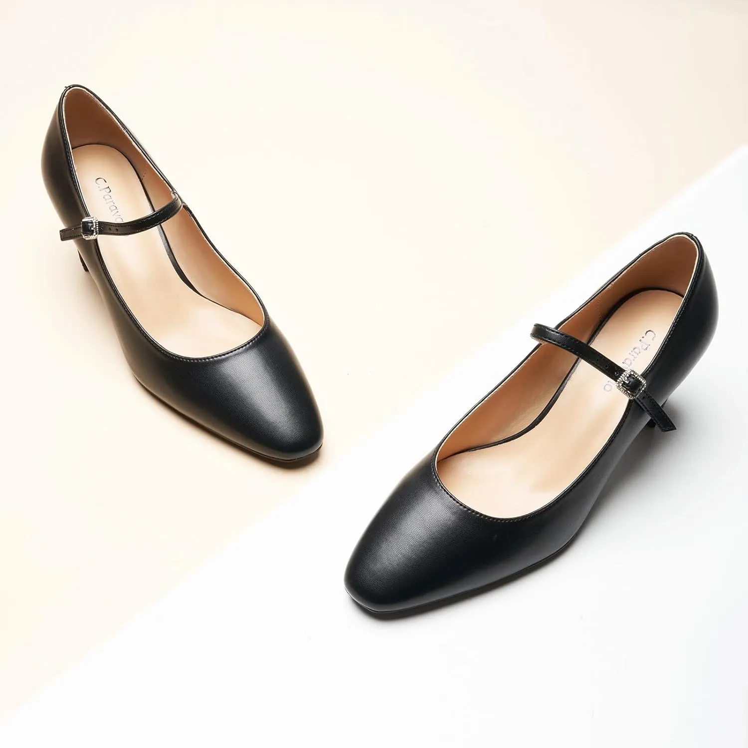 C.Paravano Women's Pumps Mary Jane Pumps Closed Round Toe Low Heels Adjustable Strap Fashion Dress Shoes
