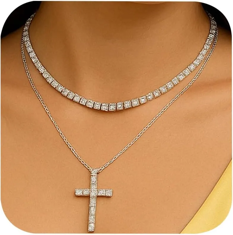 Crystal Statement Cross Necklace for Women Silver Elegant Layered Rhinestone Choker Jewelry Accessories
