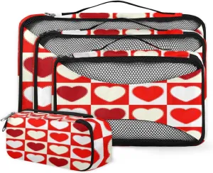 Cute Heart Checkerboard Grid 4 Piece Packing Travel Organizer Cubes Set Mesh Fabric Ventilate Design Lightweight Travel Accessories 4 Sizes (Extra Large, Large, Medium, Small)