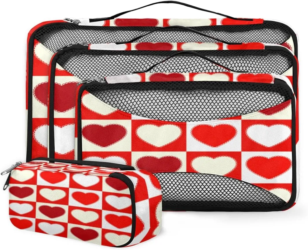 Cute Heart Checkerboard Grid 4 Piece Packing Travel Organizer Cubes Set Mesh Fabric Ventilate Design Lightweight Travel Accessories 4 Sizes (Extra Large, Large, Medium, Small)