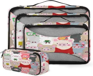 Cute Pig 4 Piece Packing Travel Organizer Cubes Set Mesh Fabric Ventilate Design Lightweight Travel Accessories 4 Sizes (Extra Large, Large, Medium, Small)