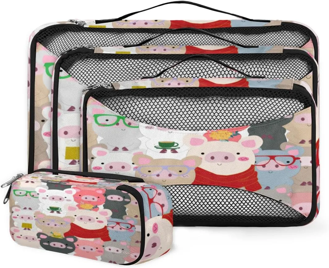 Cute Pig 4 Piece Packing Travel Organizer Cubes Set Mesh Fabric Ventilate Design Lightweight Travel Accessories 4 Sizes (Extra Large, Large, Medium, Small)