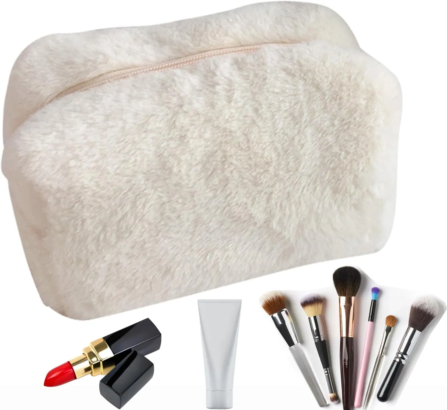 Cyrank Small Makeup Bag for Purse, Plush Cute Cosmetic Bag Fluffy White Makeup Pouch Coquette Travel Toiletry Bag Organizer Makeup Brushes Storage Zipper Pouches for Organizing(Beige)